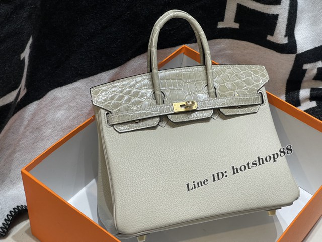 Hermes專櫃Birkin手提女包 愛馬仕togo皮搭配雙面鱷魚皮蓋頭蠟線手縫鉑金包 zhh1000